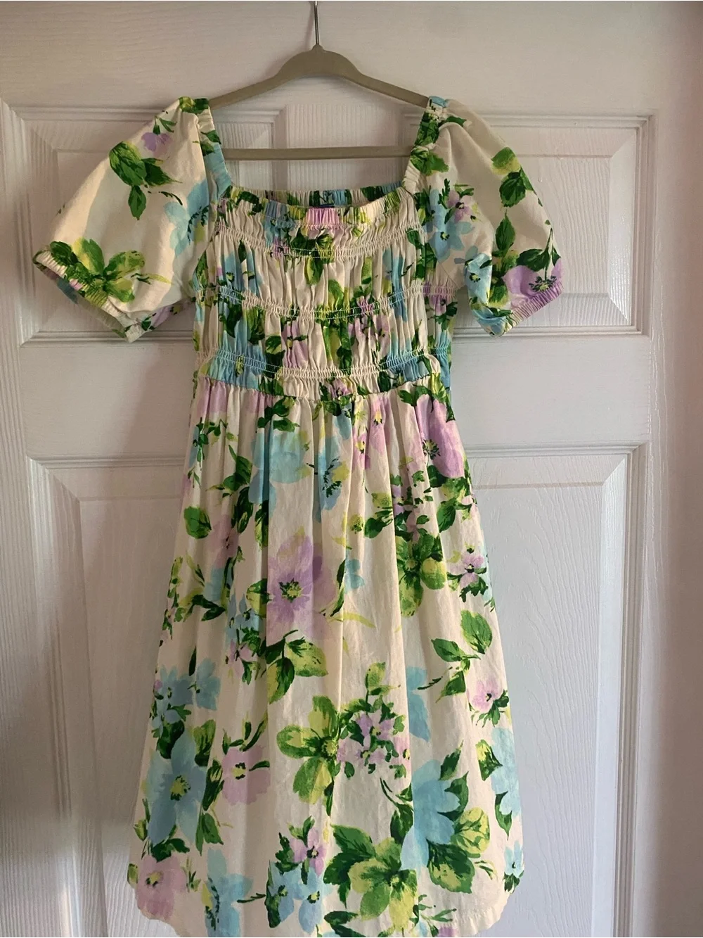 Old Navy White Dress with Green, Blue, and Lavender Floral Print